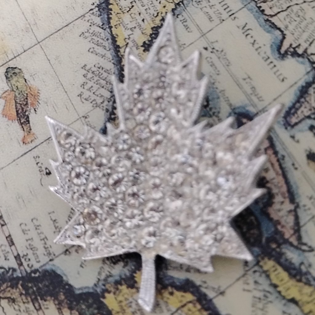 Boucher 1960s Numbered Rhinestone Maple Leaf Brooch Pin